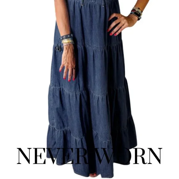 Real Teal Sleeveless Tiered Chambray Maxi Dress - Picture 3 of 4